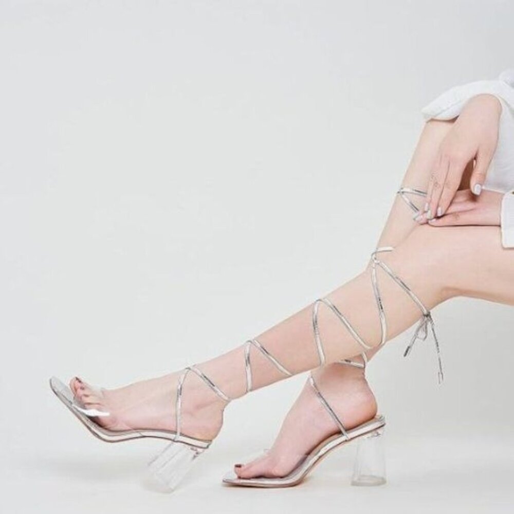 XYD Silver Clear Block Heel Sandals for Women Open Toe Dressy Party Shoes
